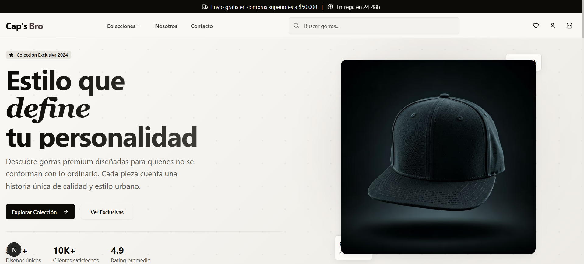 Vista principal del storefront Cap Bros con catálogo de productos